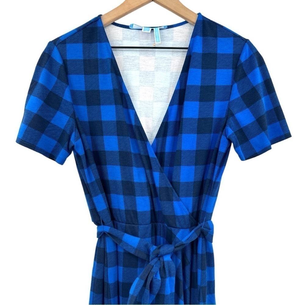 Draper James Buffalo Check Plaid Tie Waist Faux Wrap Dress -Blue & Black -Medium - Picture 4 of 12